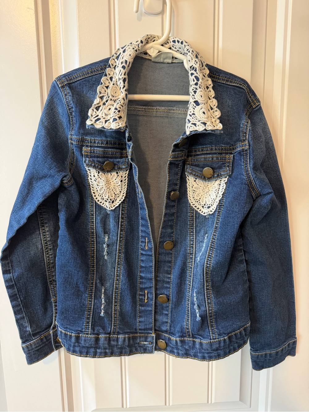Girls' M.L. Kids - Blue Denim Jacket with Cream Crochet Trim Sz 8